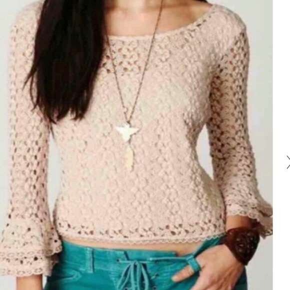 Free People Bell Sleeve Crochet Crop Top - Picture 1 of 11